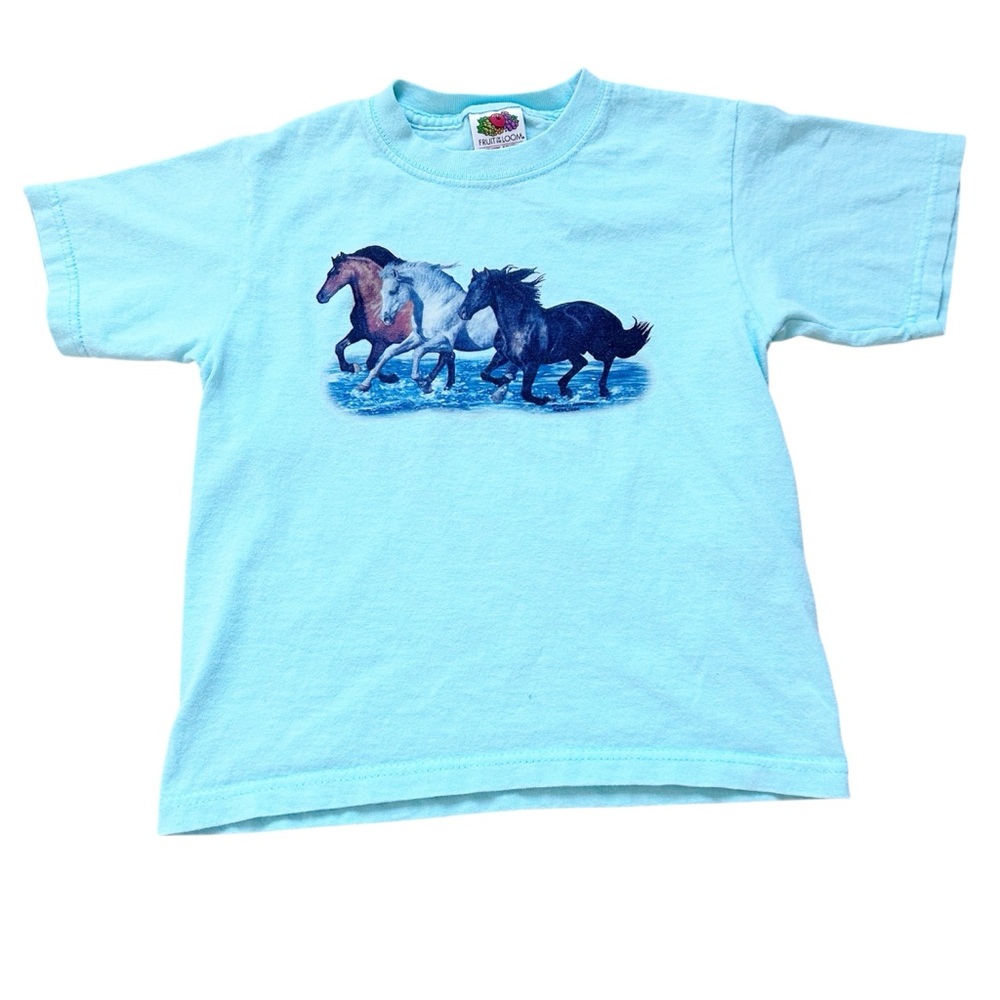Vintage Fruit of the Loom Arctic Blue Horse Print Tee Size 5 Unisex Cotton